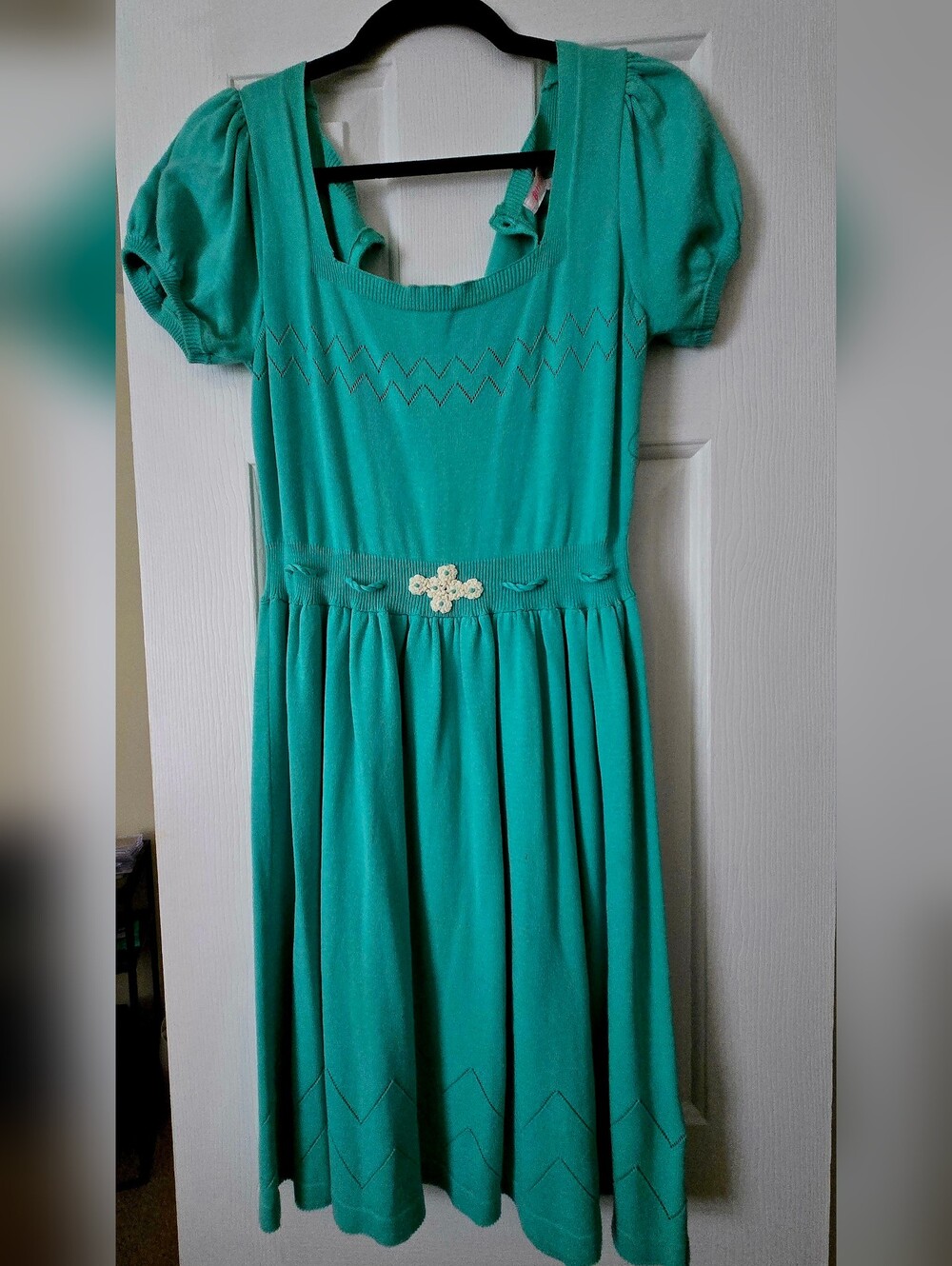 Betsey Johnson Teal Puff-Sleeve Fit-and-Flare Dress with Waist Accent